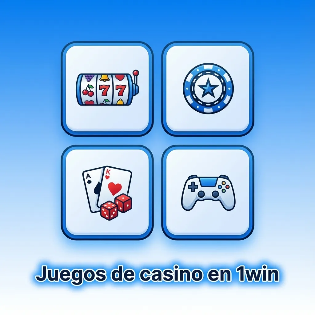 Interfaz de casino 1win Chile con tragamonedas, ruleta, blackjack, baccarat, póker y crupier en vivo en pantalla
