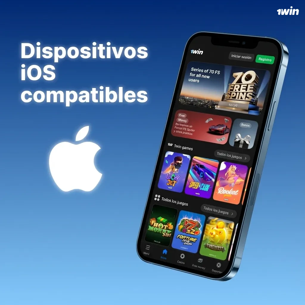 Gráfico en español que muestra la app iOS de 1win y una lista de modelos de iPhone y iPad compatibles