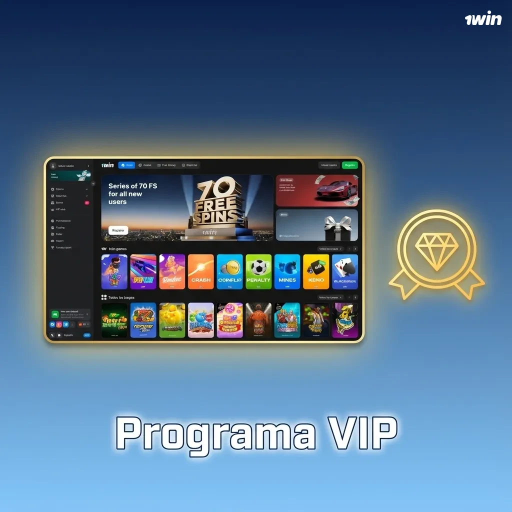 Banner del Programa VIP 1win en español, con niveles, cashback, límites altos, promos exclusivas y gestor personal
