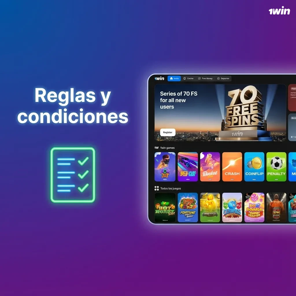 Icono de documento con título “Reglas y condiciones” y lista de normas de uso y requisitos para jugar en la plataforma