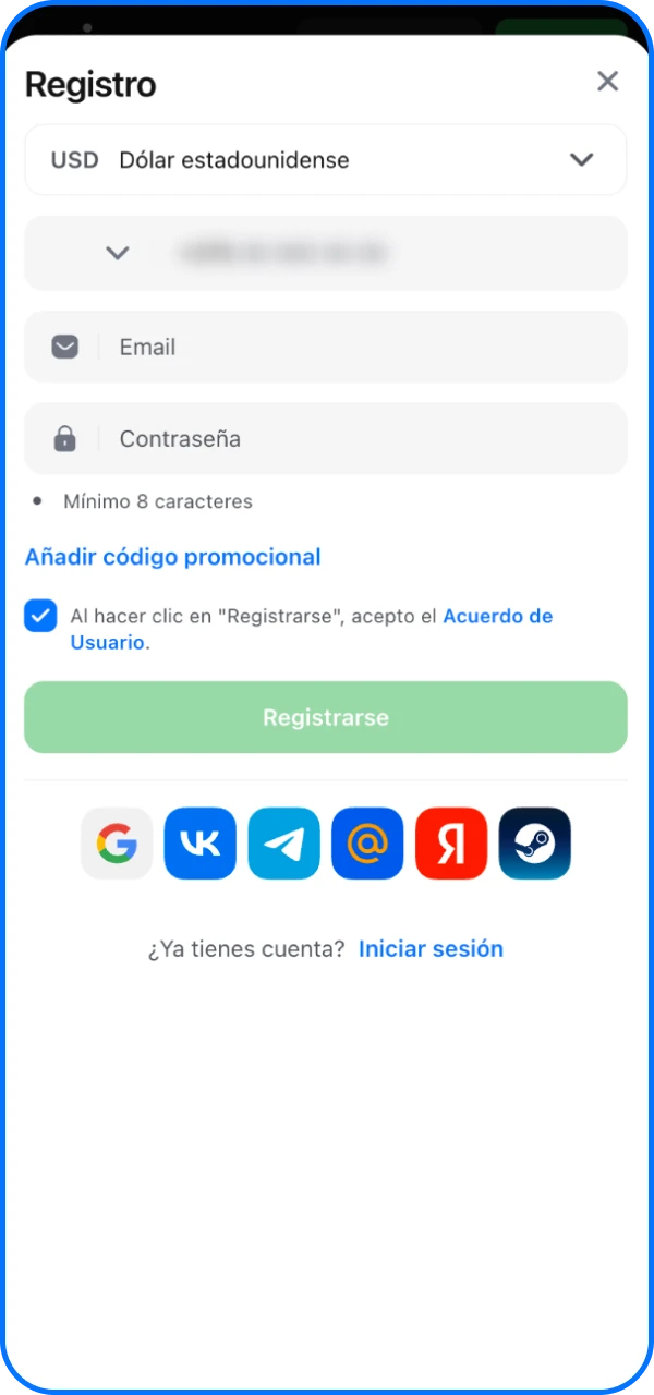 Regístrese en el casino en línea 1win usando su número de teléfono o redes sociales.