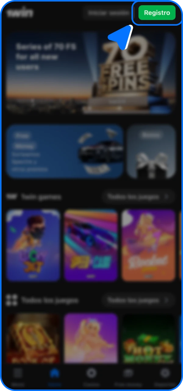 Encuentra el botón de registro en la esquina superior derecha de la aplicación del casino en línea 1win.