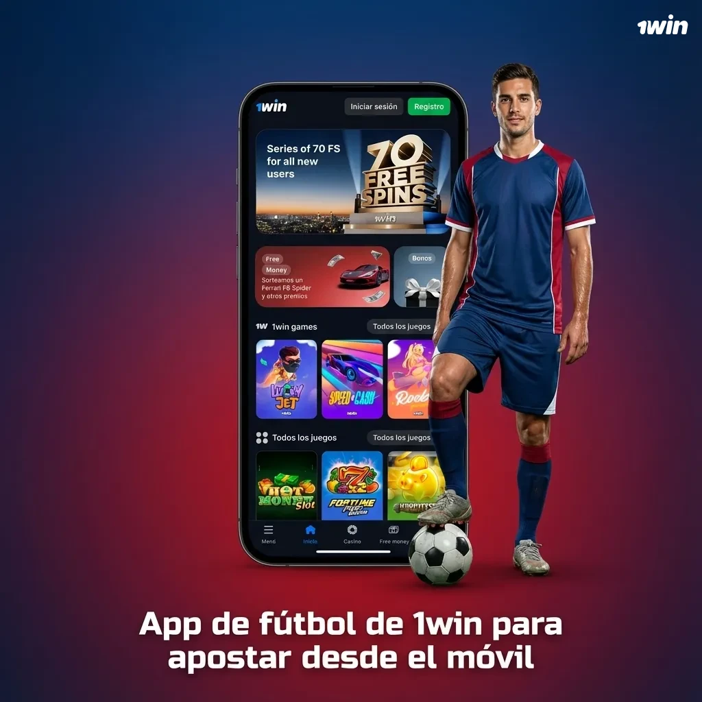 Pantalla de smartphone con la app de apuestas de fútbol 1win abierta, mostrando partidos, cuotas y menú de navegación