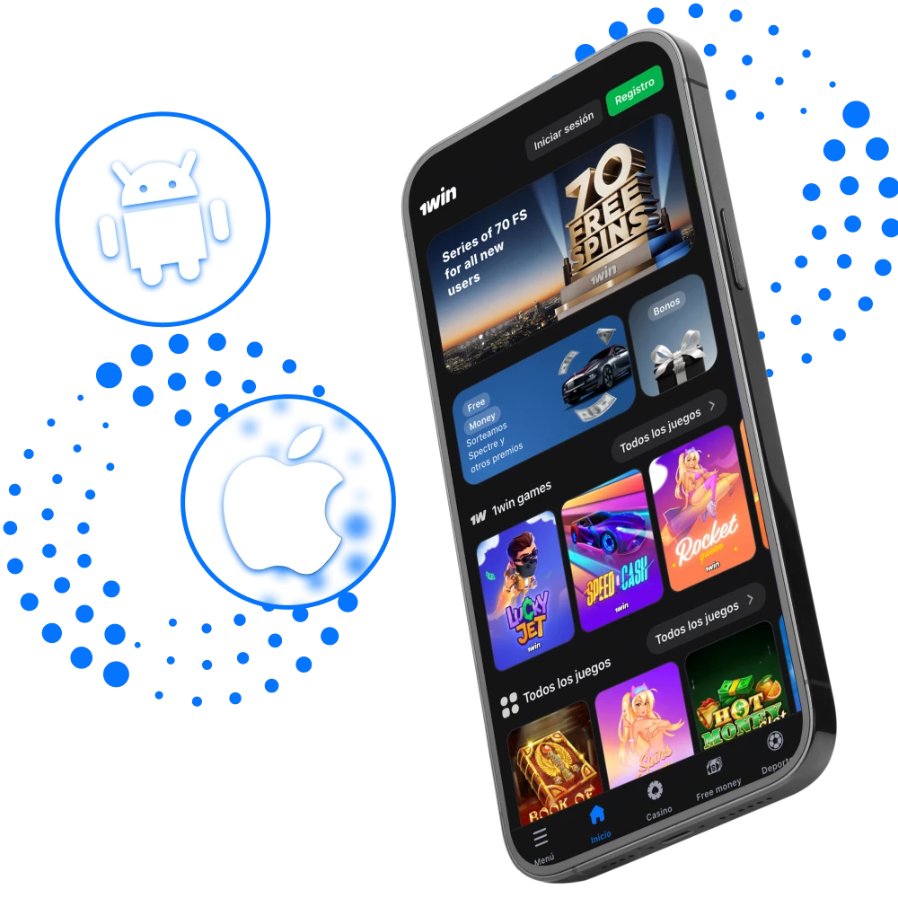 Banner promocional 1win app móvil para Android y iOS con métodos de pago y bono de bienvenida del 500% hasta 1.025 USD.