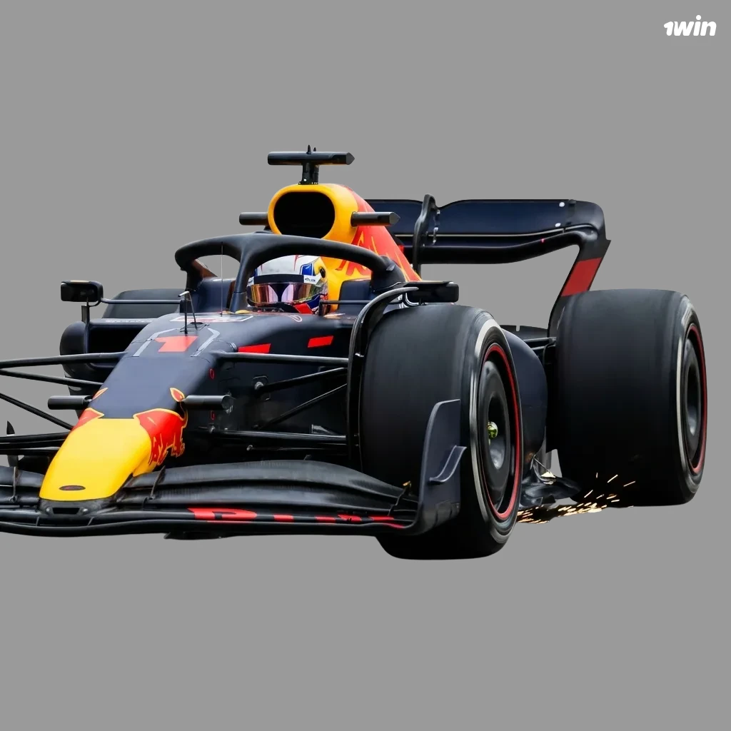 Banner de apuestas de Fórmula 1 en 1win con coches de F1 en pista y oferta de bono de bienvenida para nuevos usuarios