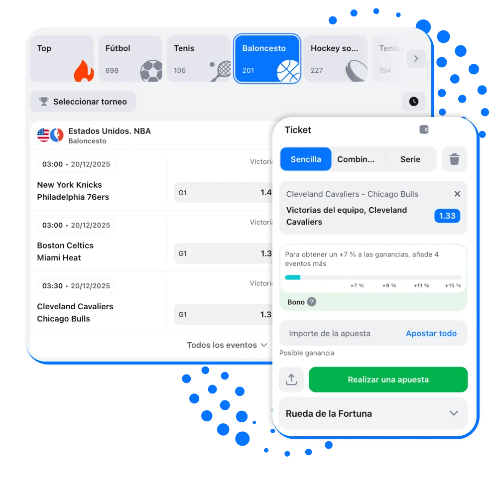 Página de apuestas de baloncesto en 1win en español, con partidos en vivo, cuotas y bono de bienvenida visible en pantalla.