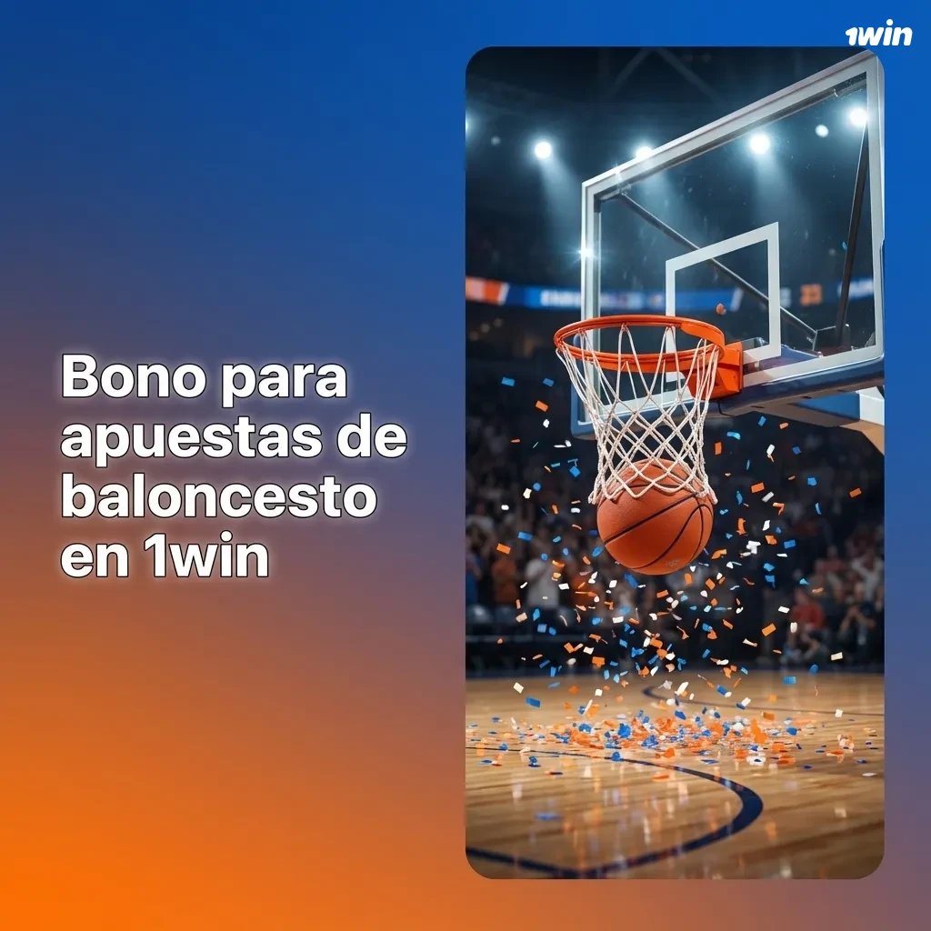 Banner de bono de bienvenida 1win para apuestas de baloncesto, mostrando jugador y oferta destacada sobre primer depósito