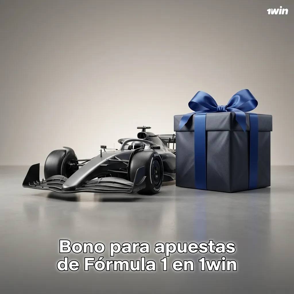 Banner de bono de bienvenida 1win para apuestas de Fórmula 1, con coche de F1 y texto promocional sobre primer depósito