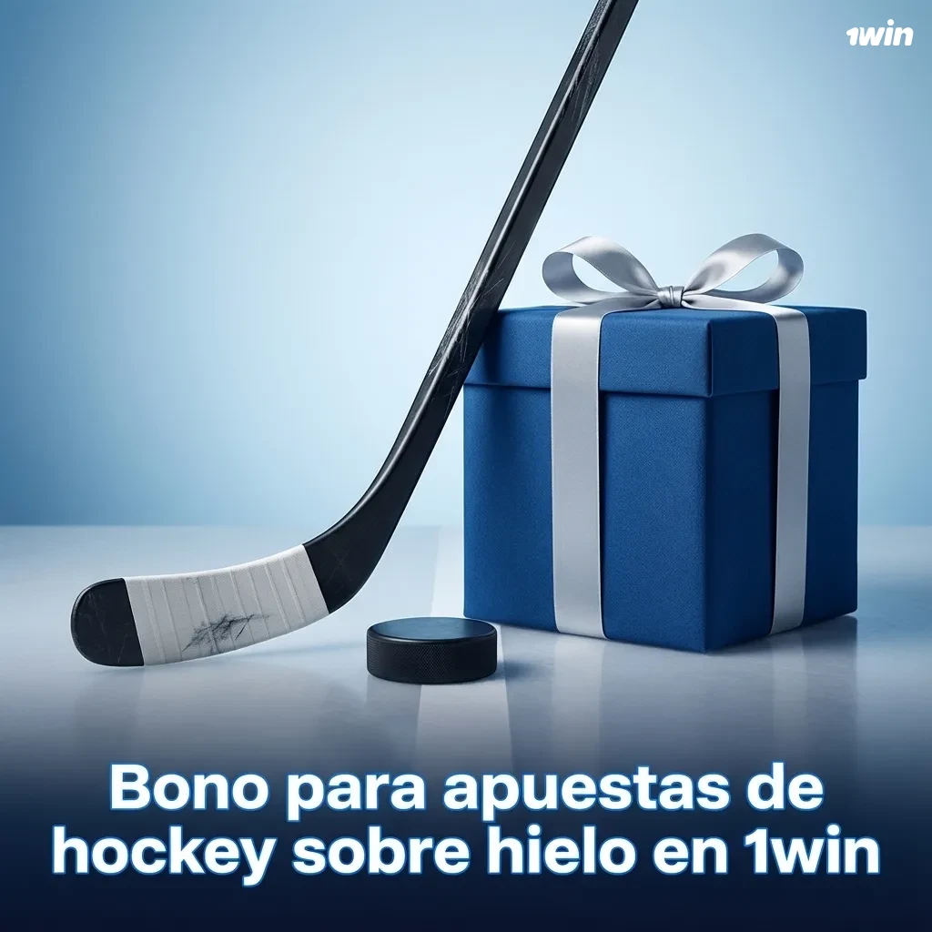 Banner de bono de bienvenida 1win para apuestas de hockey sobre hielo, con jugador y disco sobre fondo de estadio iluminado