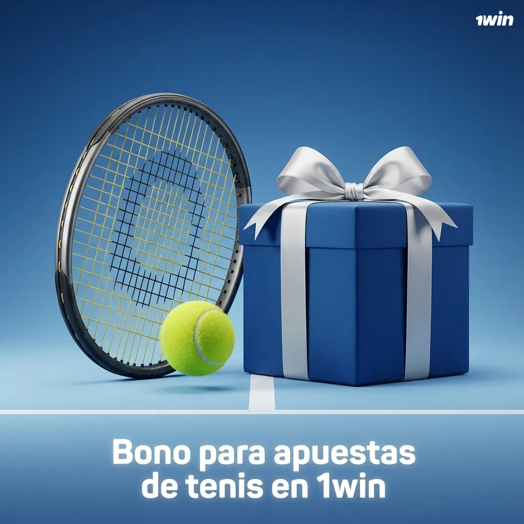 Banner de bono de bienvenida 1win para apuestas de tenis, con pelota y cancha destacadas sobre fondo azul promocional