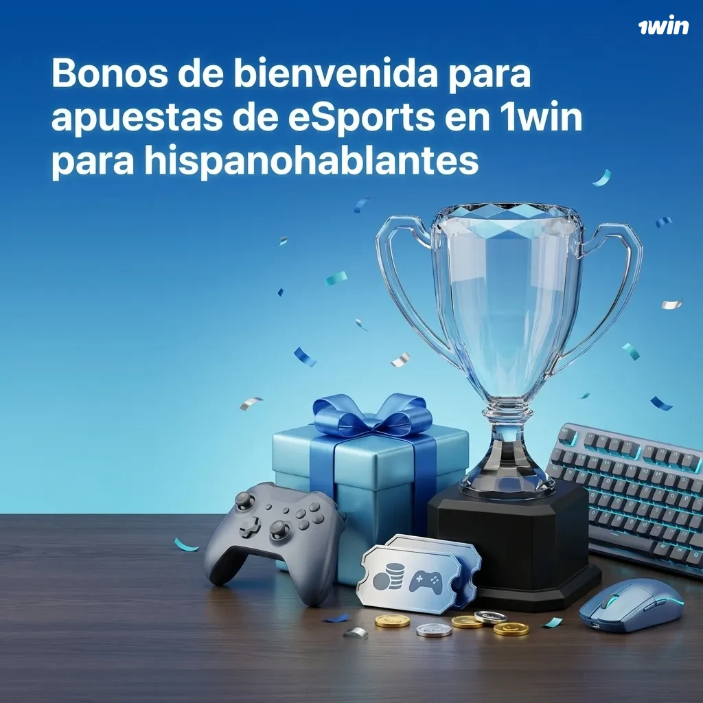 Pantalla de 1win en español mostrando bono de bienvenida 500% para apuestas de eSports y pasos para activarlo
