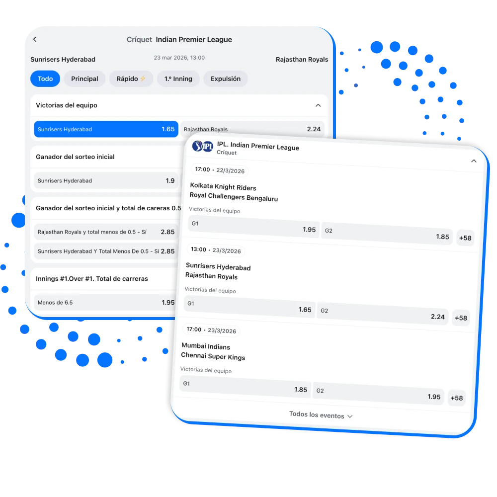 Banner de apuestas de cricket en 1win para usuarios hispanohablantes, con bono de bienvenida y partidos internacionales.