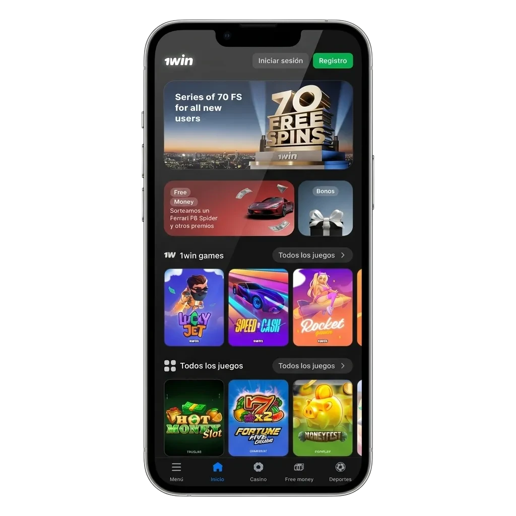 Banner promocional 1win app móvil para Android y iOS con métodos de pago y bono de bienvenida del 500% hasta 1.025 USD