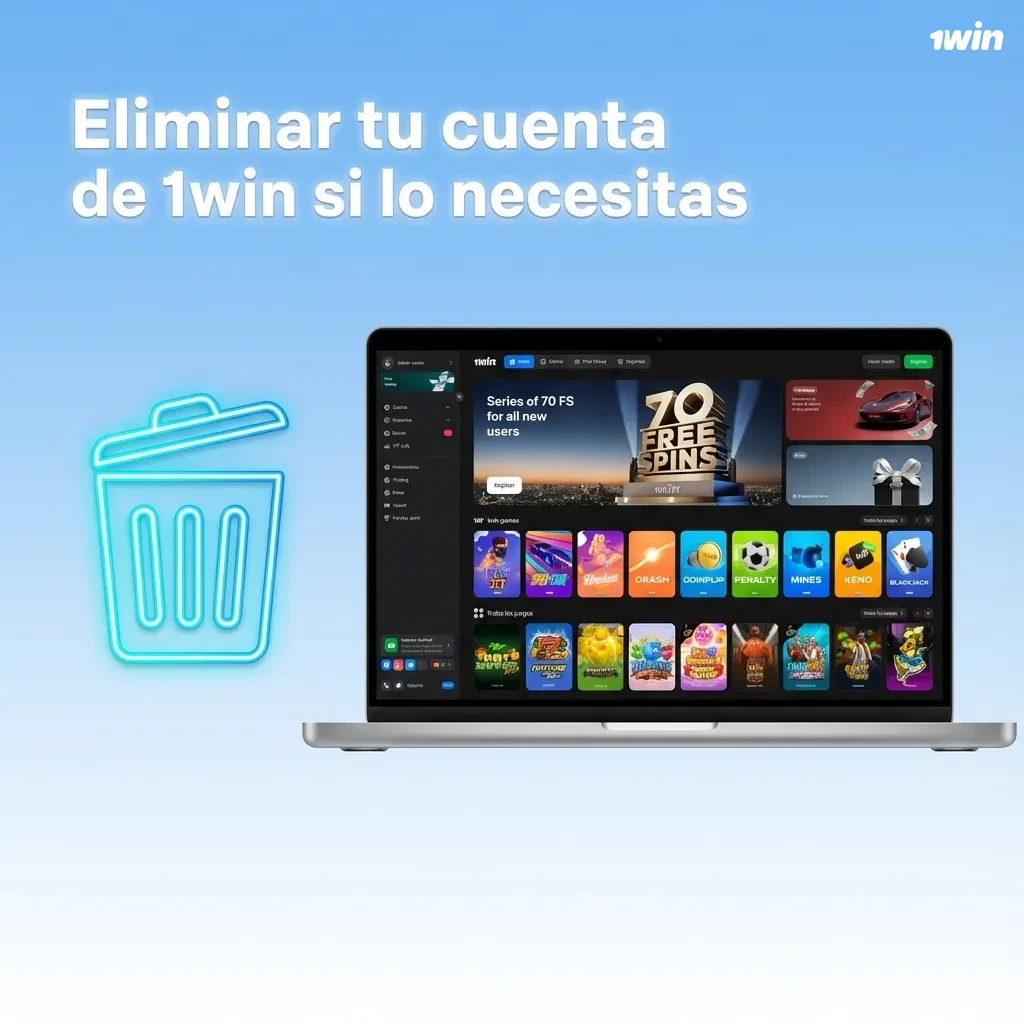 Ilustración de usuario cerrando su cuenta de 1win, retirando saldo y confirmando la baja con soporte en línea.