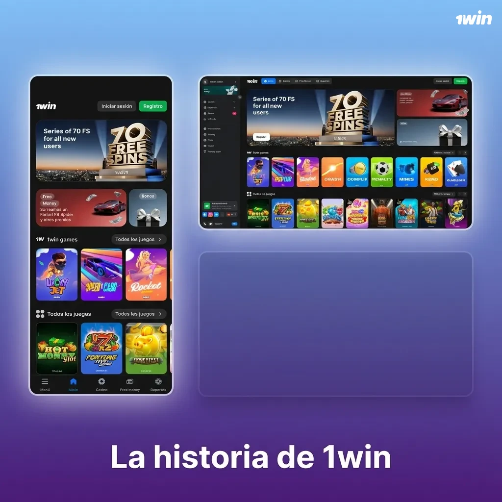 Línea de tiempo ilustrada que muestra la evolución de 1win desde su fundación en 2016 hasta su expansión internacional