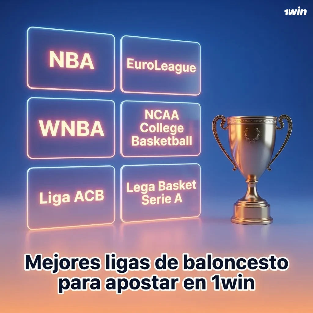 Ilustración de apuestas de baloncesto en 1win con logos de NBA, Euroliga, ACB y ligas internacionales en pantalla