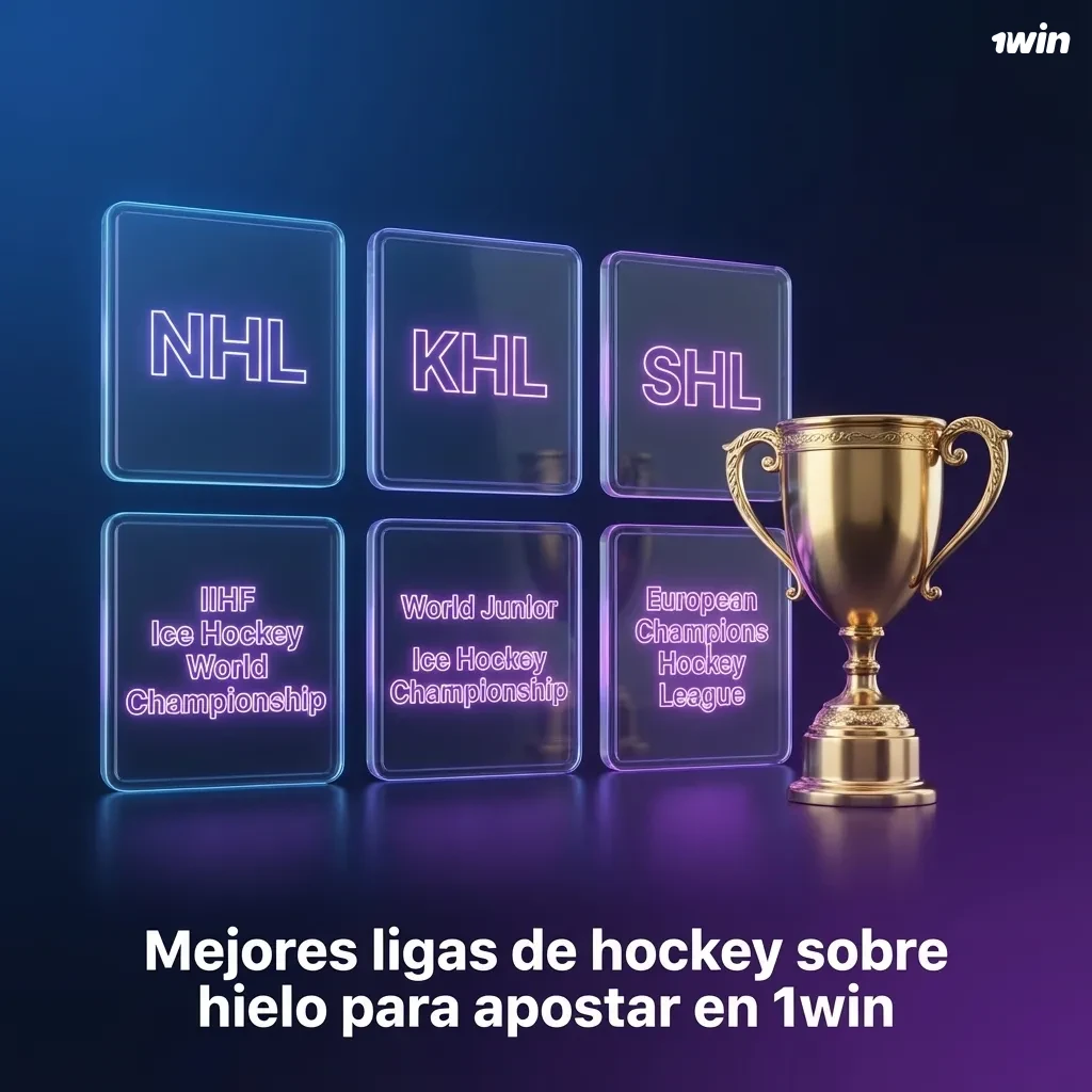 Banner de 1win mostrando ligas de hockey sobre hielo como NHL, KHL y torneos internacionales para apostar