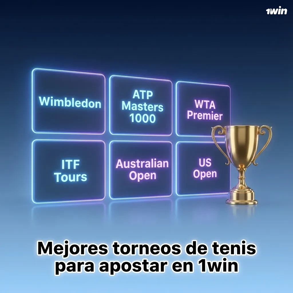 Ilustración de cancha de tenis con pelotas y logo 1win, destacando torneos ATP y WTA para apostar