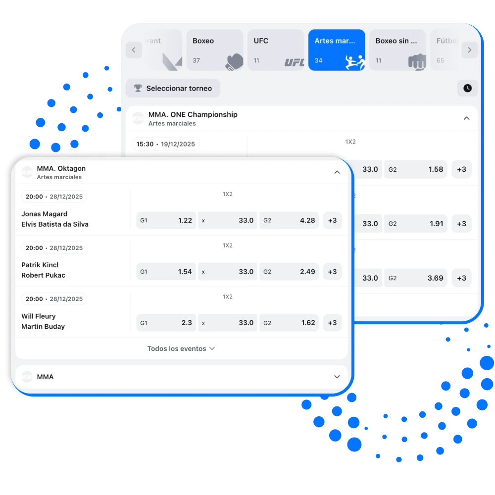 Banner de apuestas MMA en 1win con peleadores en jaula, logos de UFC y Bellator y texto sobre cuotas y bono de bienvenida.