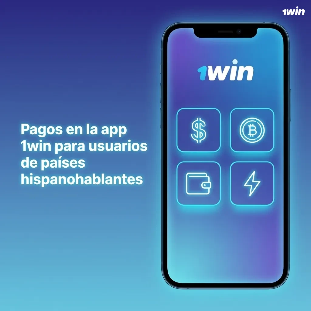 Pantalla de la app 1win mostrando métodos de pago locales e internacionales para usuarios hispanohablantes en móvil