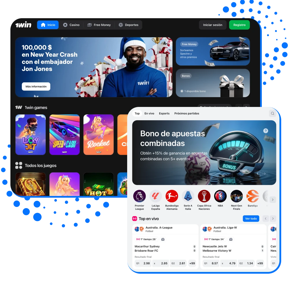 Captura de pantalla del sitio 1win en español mostrando apuestas deportivas, casino online y bono de bienvenida del 500%.