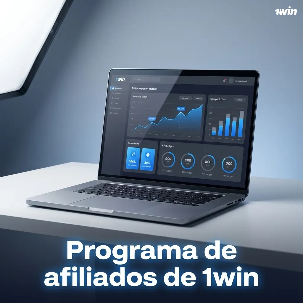 Banner del programa de afiliados de 1win en español, con iconos de comisiones, estadísticas en tiempo real y soporte especializado
