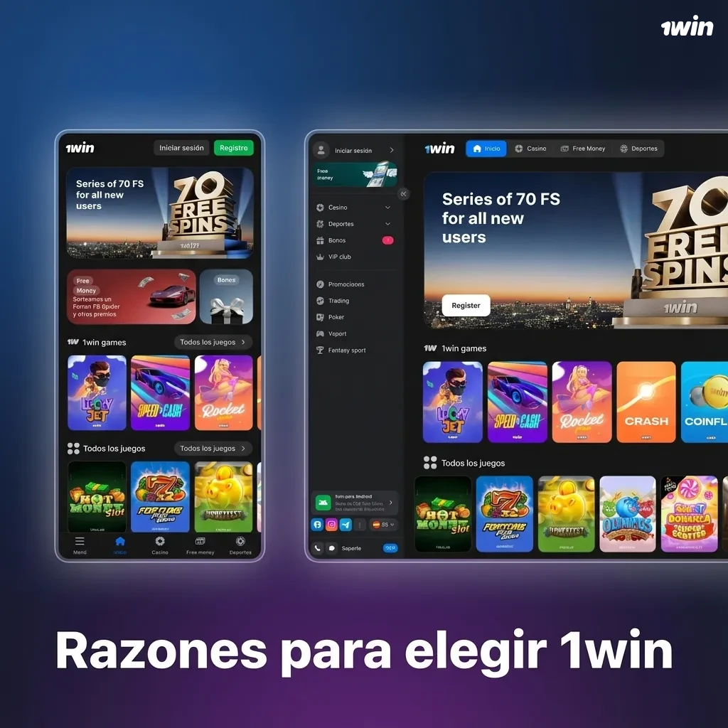 Banner “Razones para elegir 1win” con iconos de apuestas deportivas, casino, bonos y pago seguro sobre fondo moderno