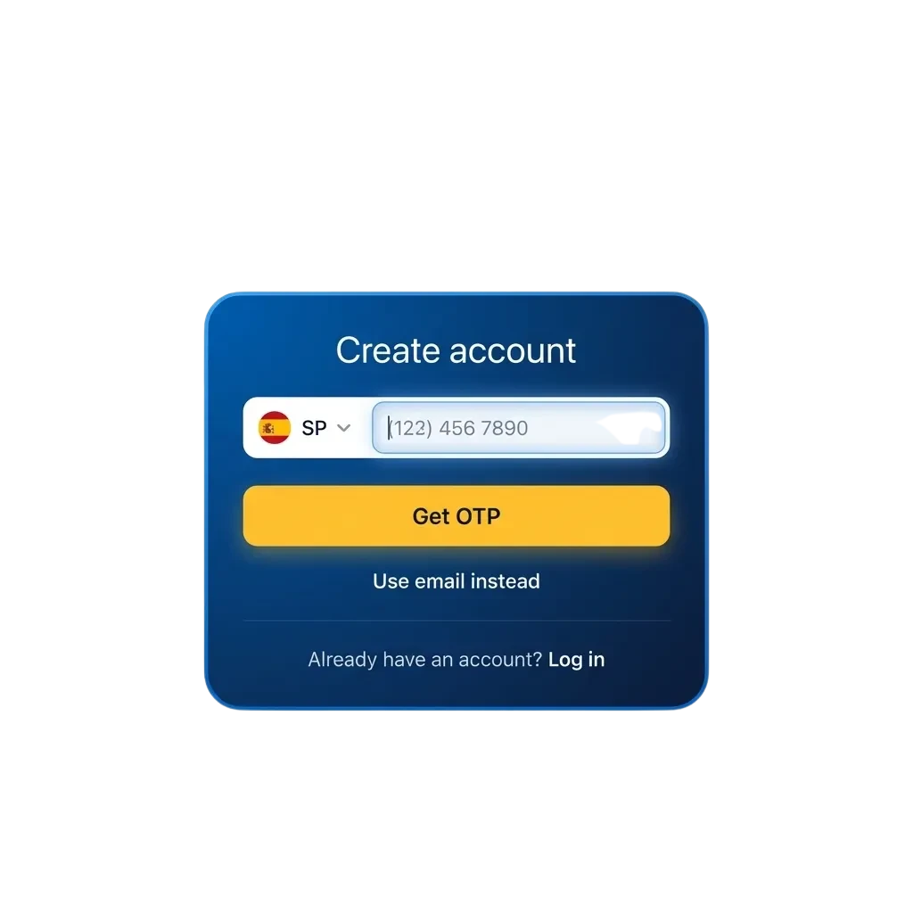 Pantalla de registro y acceso a 1win con formulario, iconos de verificación y opciones de casino y apuestas deportivas.