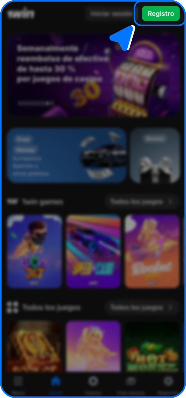 Encuentra el botón de registro en la esquina superior derecha de la aplicación del casino en línea 1win.