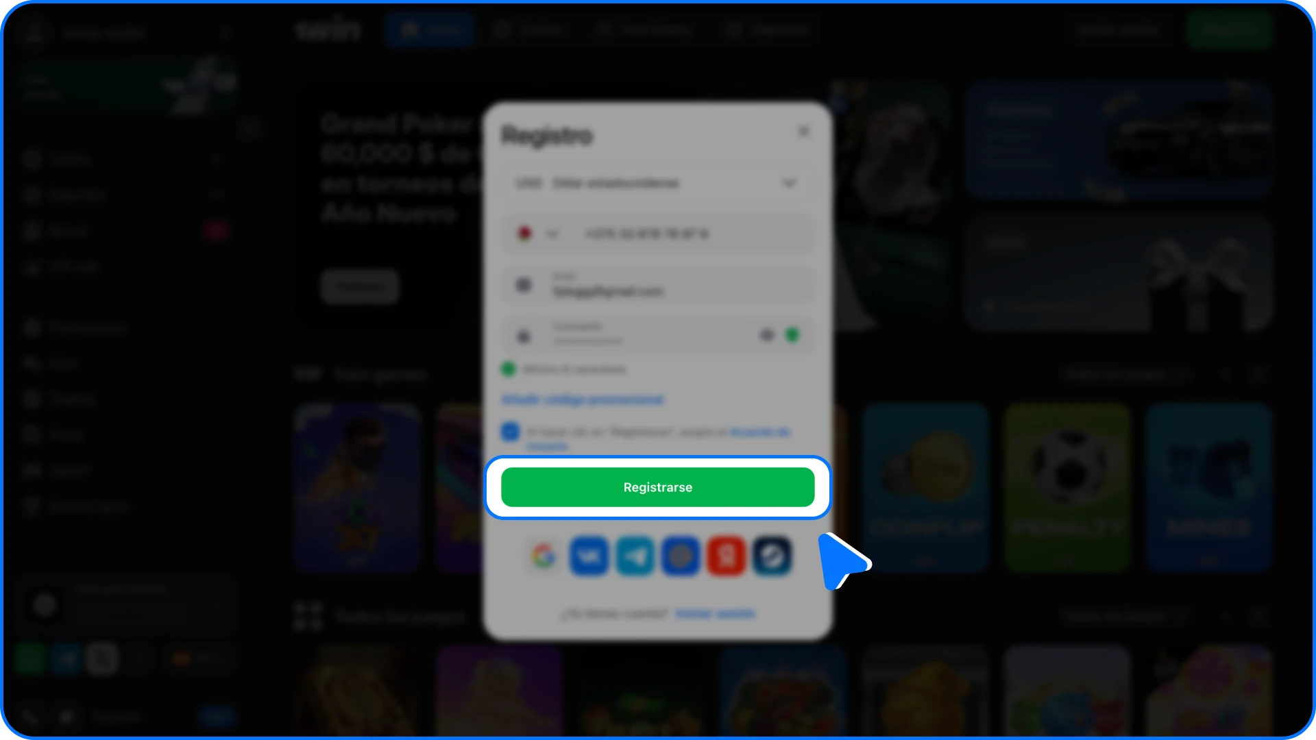 Complete el registro en el casino en línea 1win después de aceptar la política.