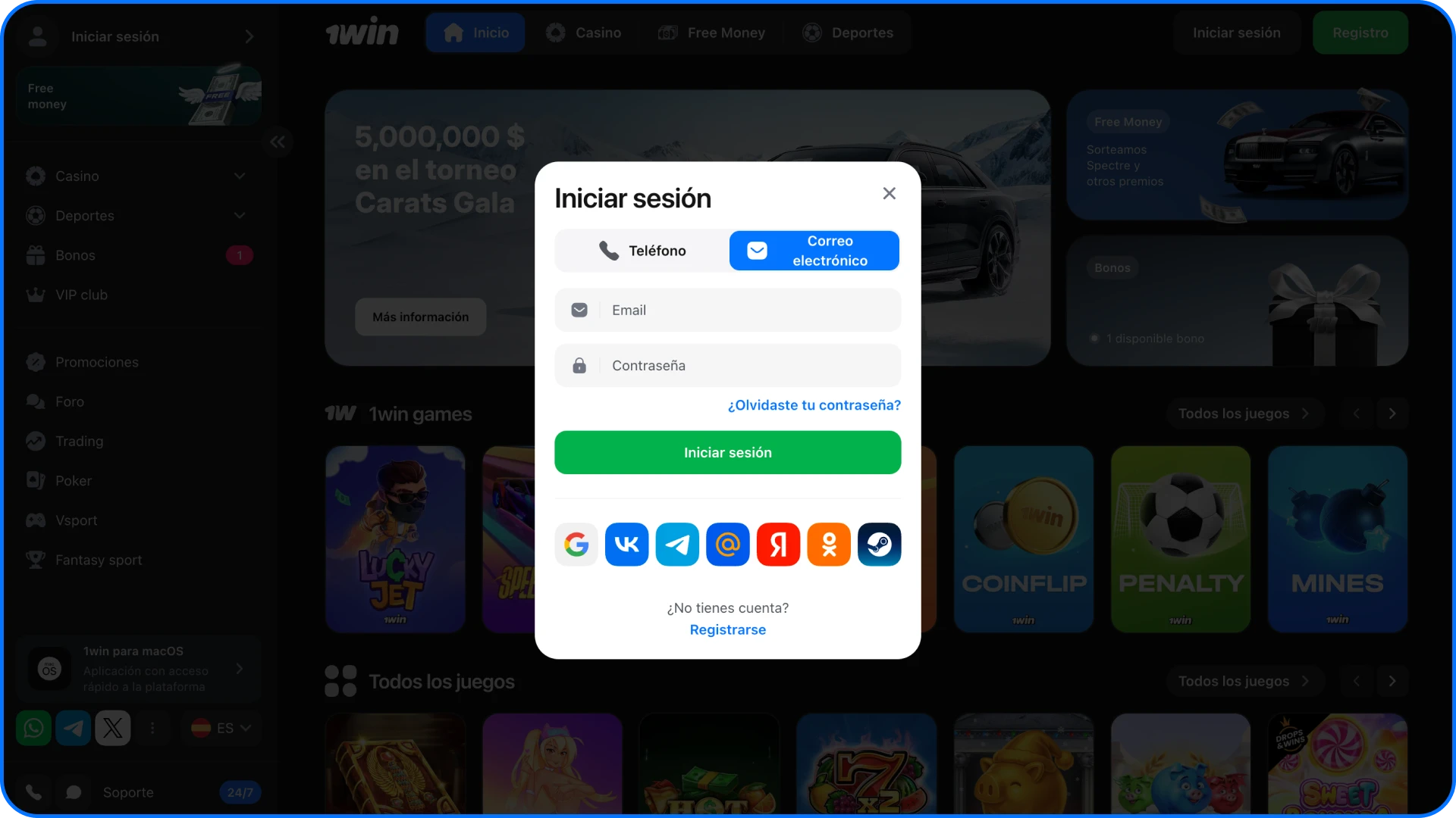 Inicie sesión en el casino en línea 1win y comience a jugar a cualquier juego de casino.