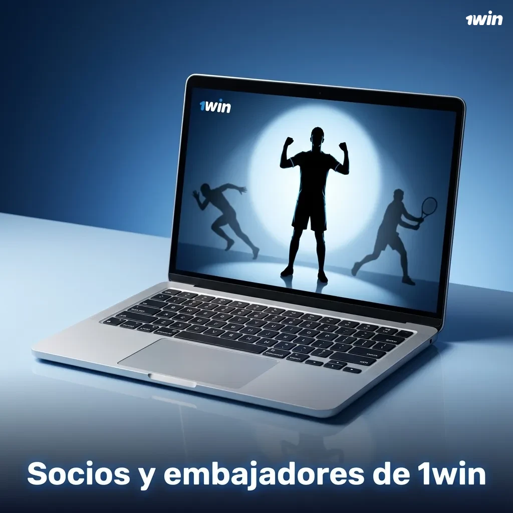Ilustración de socios y embajadores de 1win en fútbol, eSports y medios, promoviendo juego responsable en español