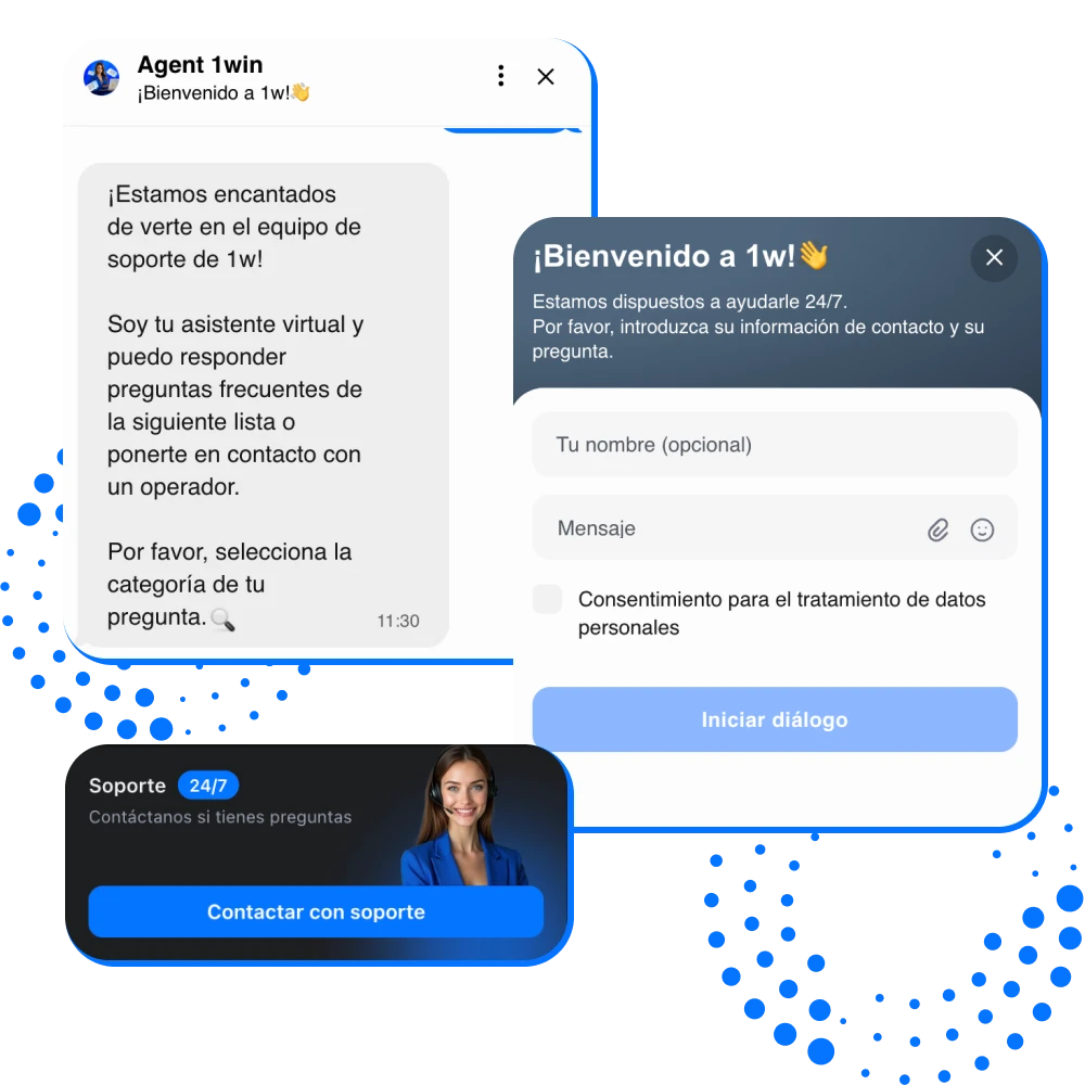 Ilustración de soporte 1win en español: chat en vivo, teléfono, correo y mensajería 24/7 para jugadores hispanohablantes.