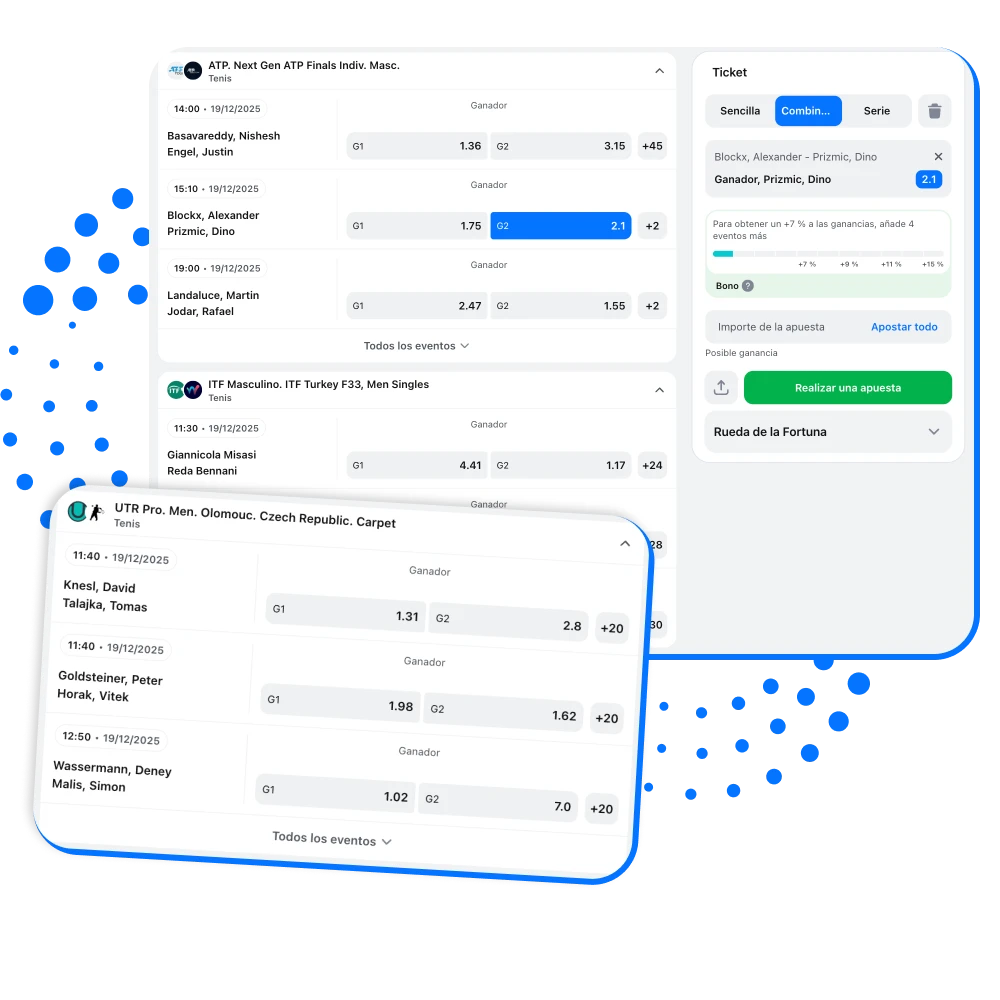 Banner de 1win mostrando apuestas de tenis online en torneos ATP, WTA y Grand Slams con cuotas en vivo.