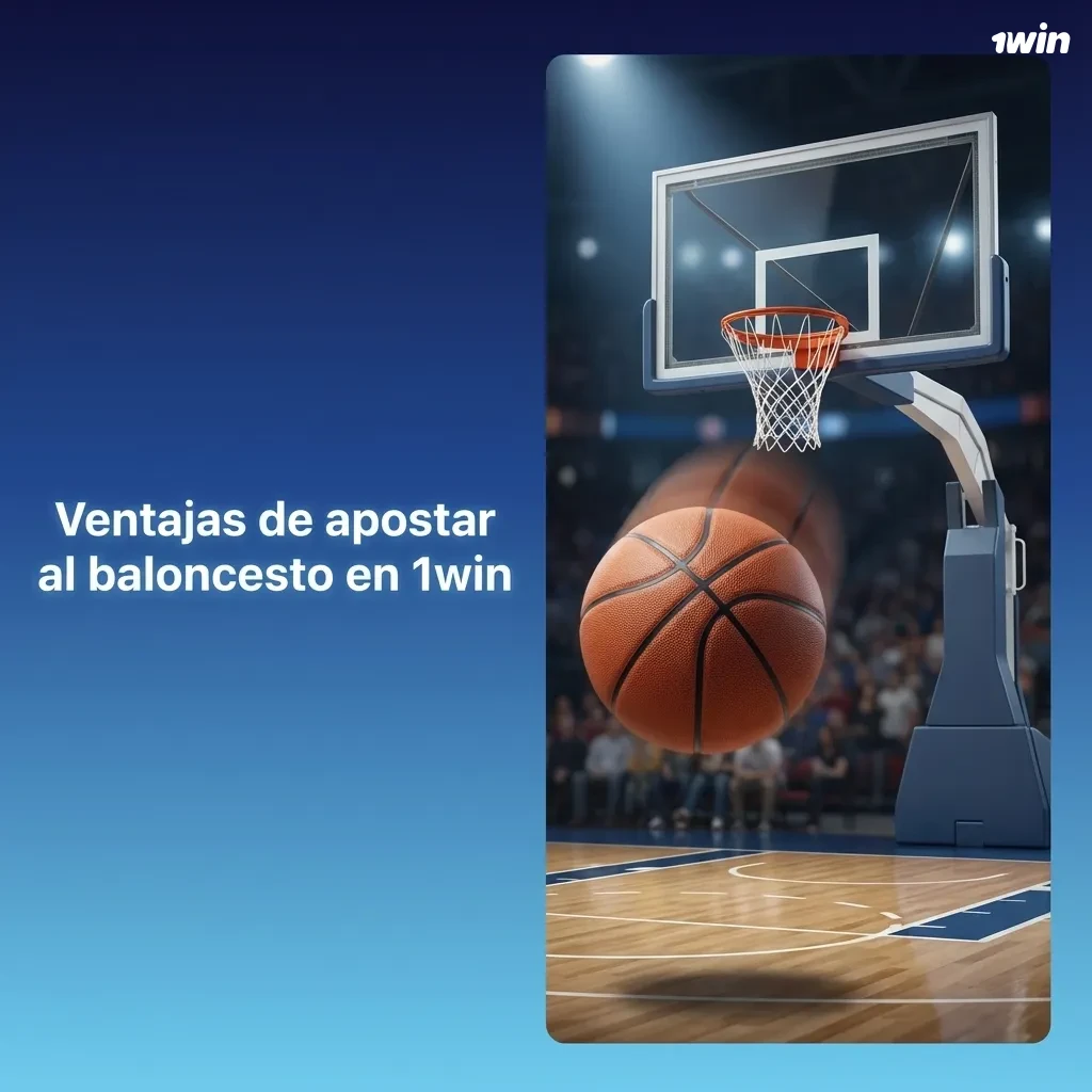 Banner de 1win sobre apuestas de baloncesto con iconos de ligas, cuotas en vivo, mercados variados y pago local