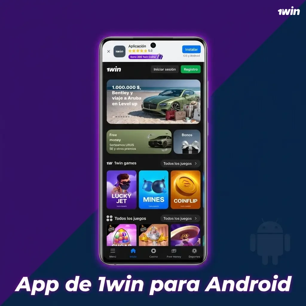 Instalación de la app 1win para Android desde APK, compatible con Android 5.0 o superior